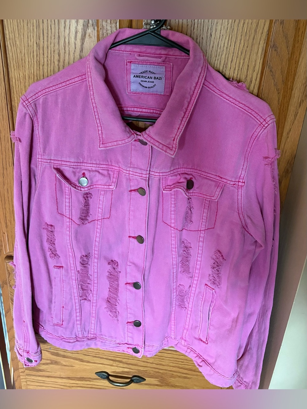 American Bazi Bright Pink Distressed Jean Jacket